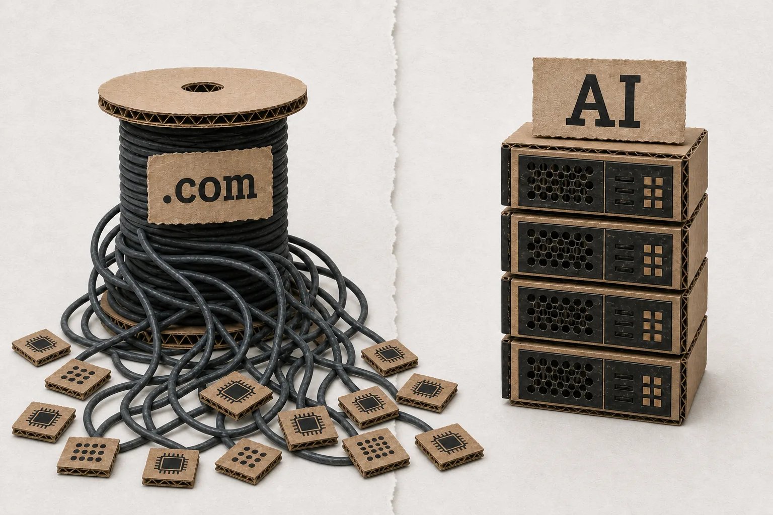 A cardboard-craft still life: on the left, a spool of dark cable labeled '.com' with loose cables and scattered cardboard microchip tiles; on the right, a stack of cardboard server-rack units labeled 'AI' — the dot-com era set beside the AI buildout.