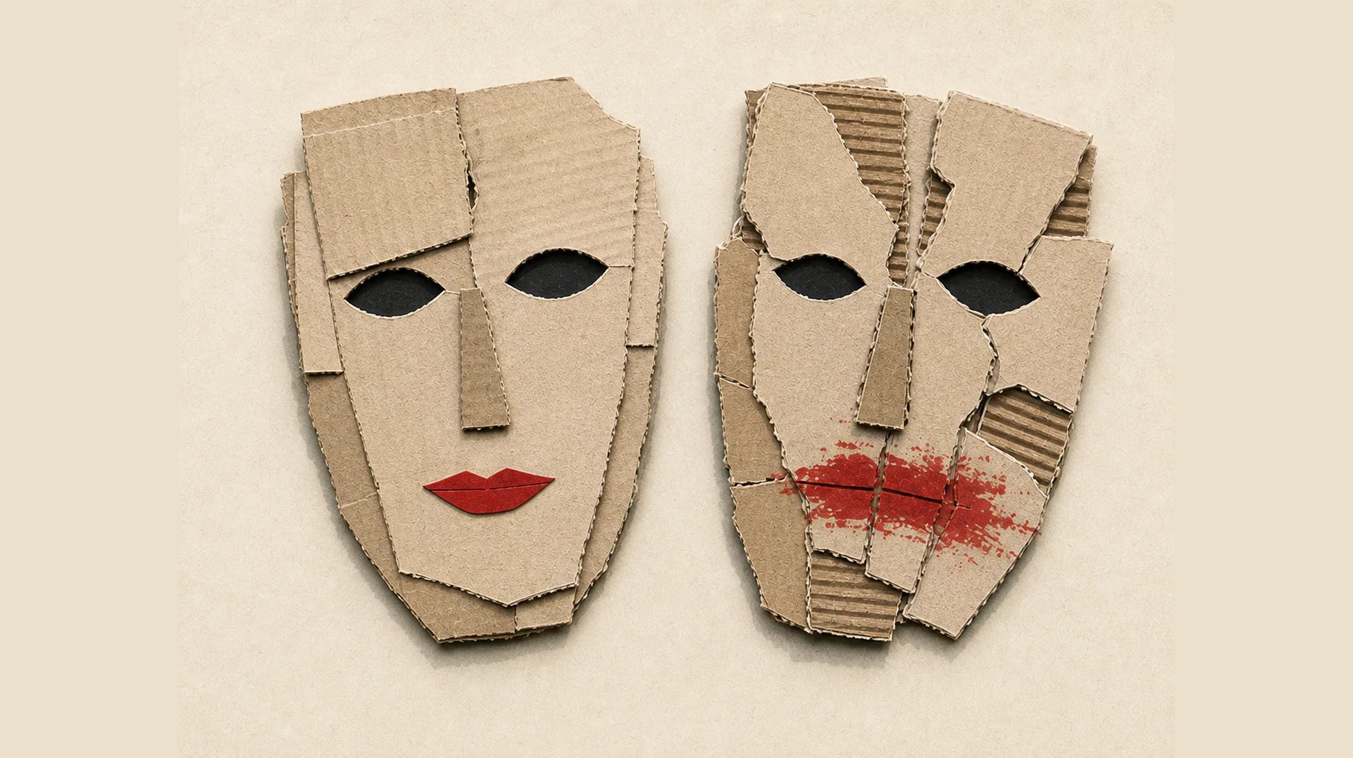 Two cardboard masks on a tan background: a smooth, intact face wearing neat red lipstick beside a cracked, broken face with the same red smeared across its mouth