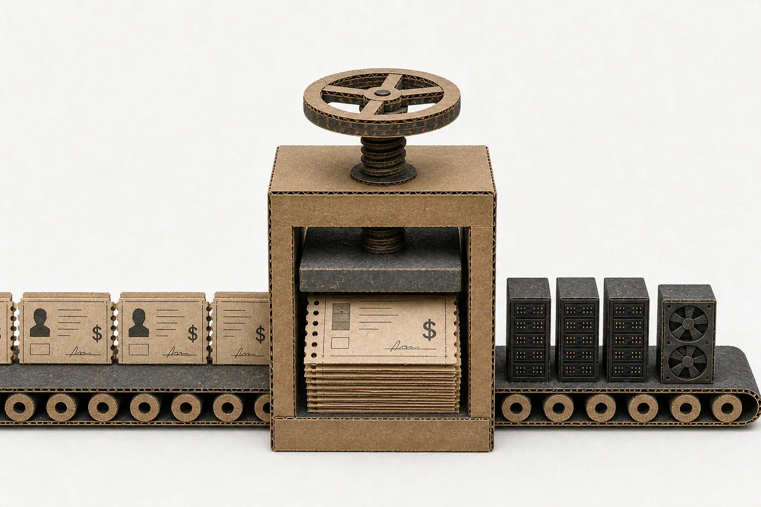 A cardboard-craft still life: a conveyor of paper payroll cards, each stamped with a worker icon and a dollar sign, feeds into a central press that outputs a row of black server-rack blocks — payroll being converted into compute.