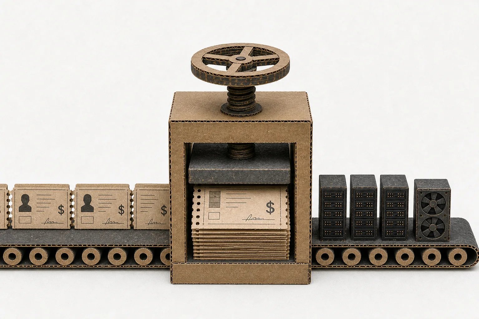 A cardboard-craft still life: a conveyor of paper payroll cards, each stamped with a worker icon and a dollar sign, feeds into a central press that outputs a row of black server-rack blocks — payroll being converted into compute.